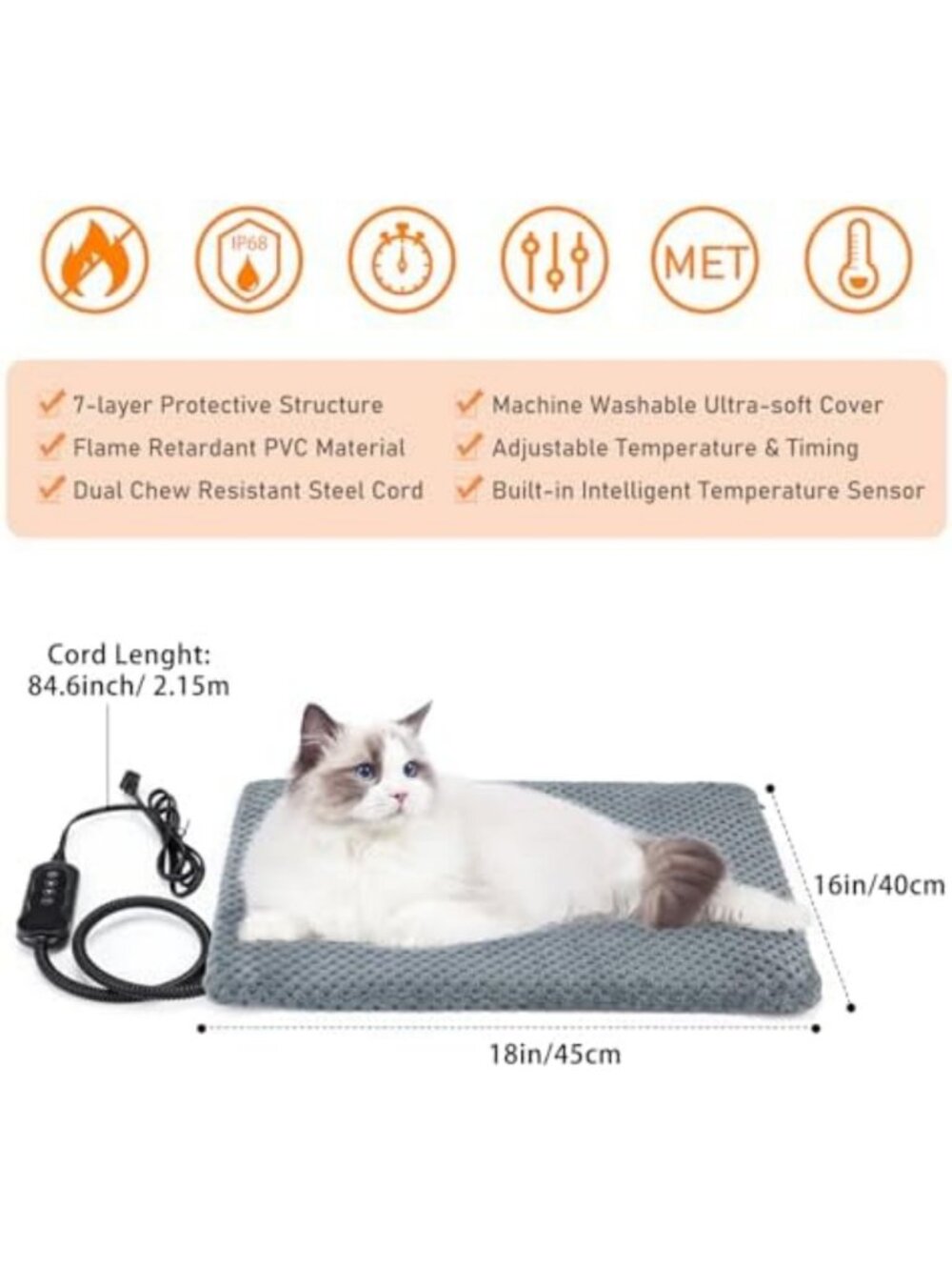 Cozy Heated Pet Bed with Adjustable Temperature & Timer - Waterproof Cat/Dog Pad - Picture 5 of 7
